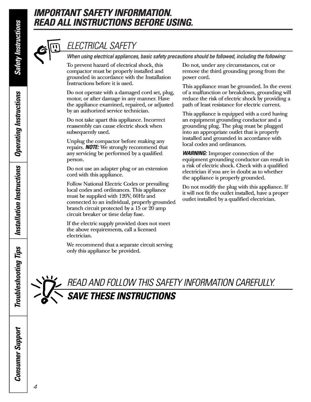 GE GCG1520 Electrical Safety, Save These Instructions, Tips Installation Instructions Operating Instructions Safety 