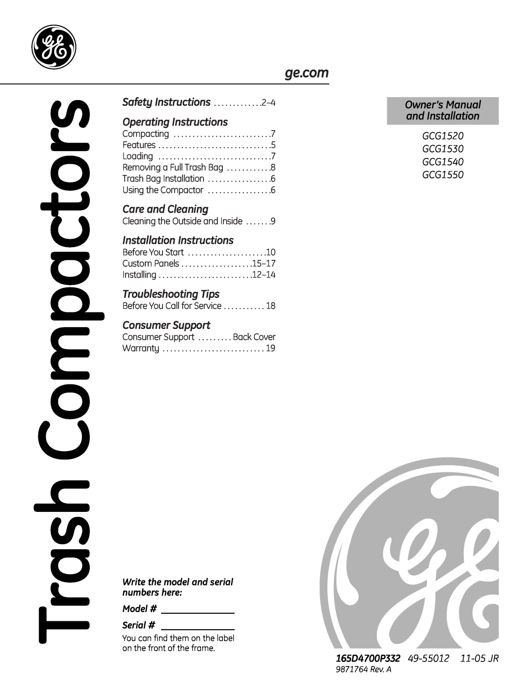 GE owner manual GEAppliances.com, GCG1520 GCG1530 GCG1540 GCG1550, Part No. 165D4700P206 Pub. No. 49-5880-1 10-01 JR 