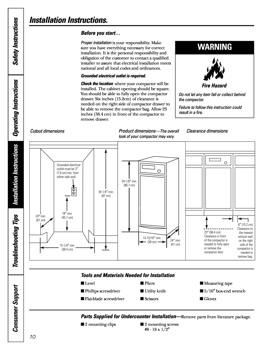 GE GCG1520 Installation Instructions, Consumer Support, Before you start…, Fire Hazard, Cutout dimensions 