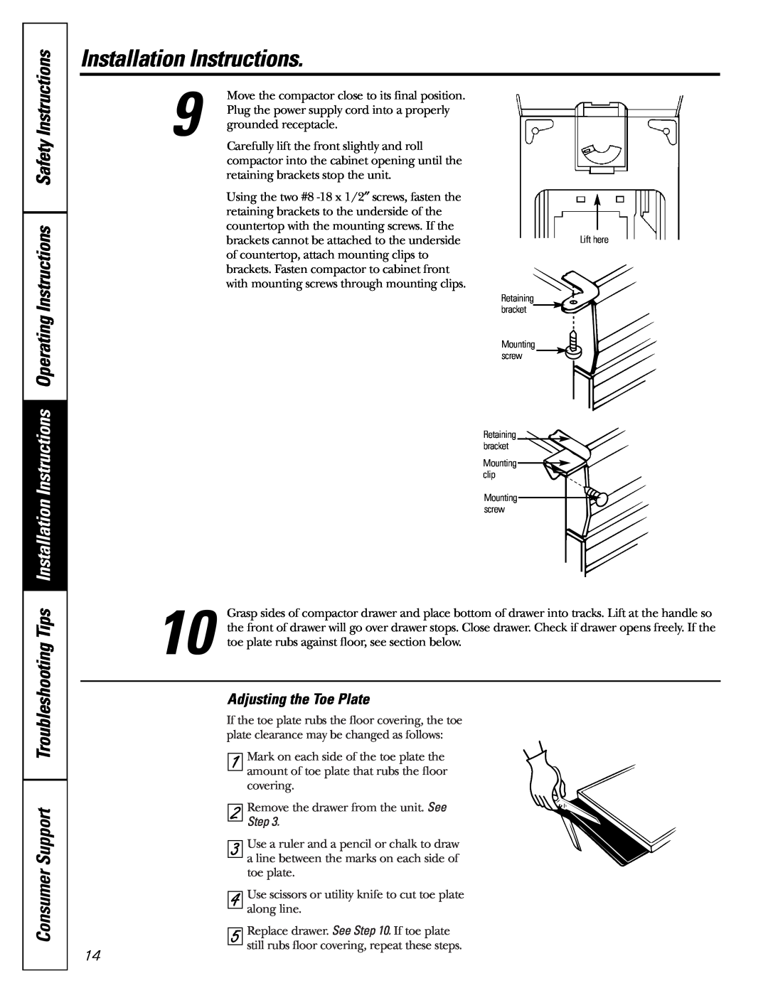 GE GCG1520 operating instructions Adjusting the Toe Plate, Installation Instructions 