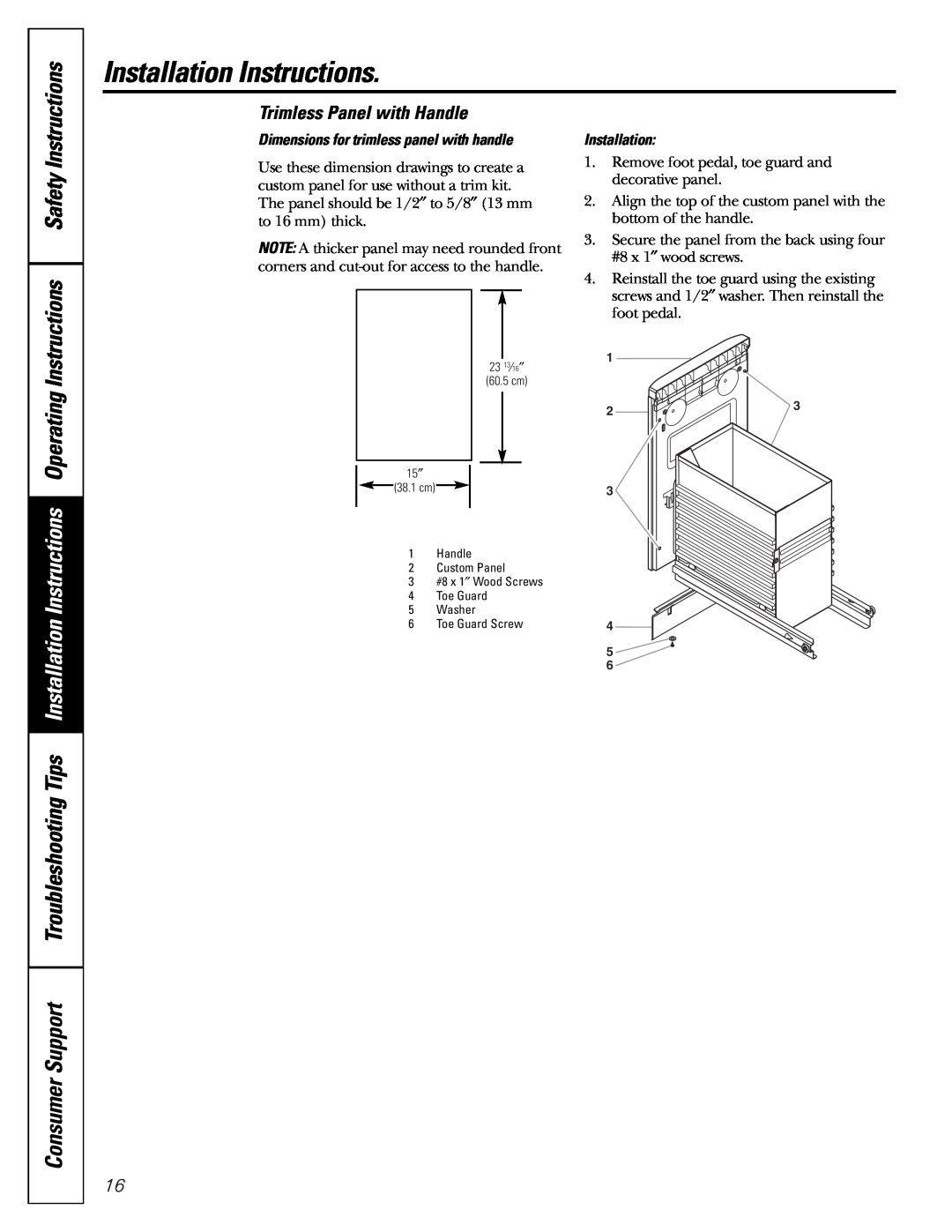 GE GCG1520 Trimless Panel with Handle, Installation Instructions, Dimensions for trimless panel with handle 