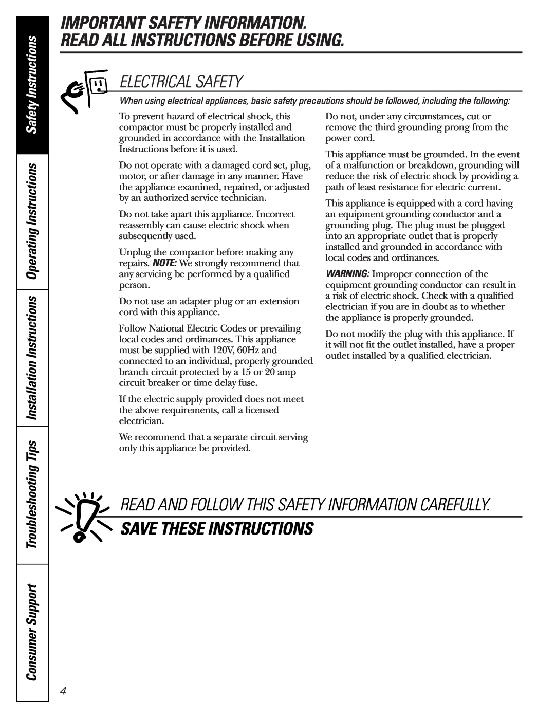 GE GCG1520 Electrical Safety, Save These Instructions, Consumer Support Troubleshooting, Important Safety Information 