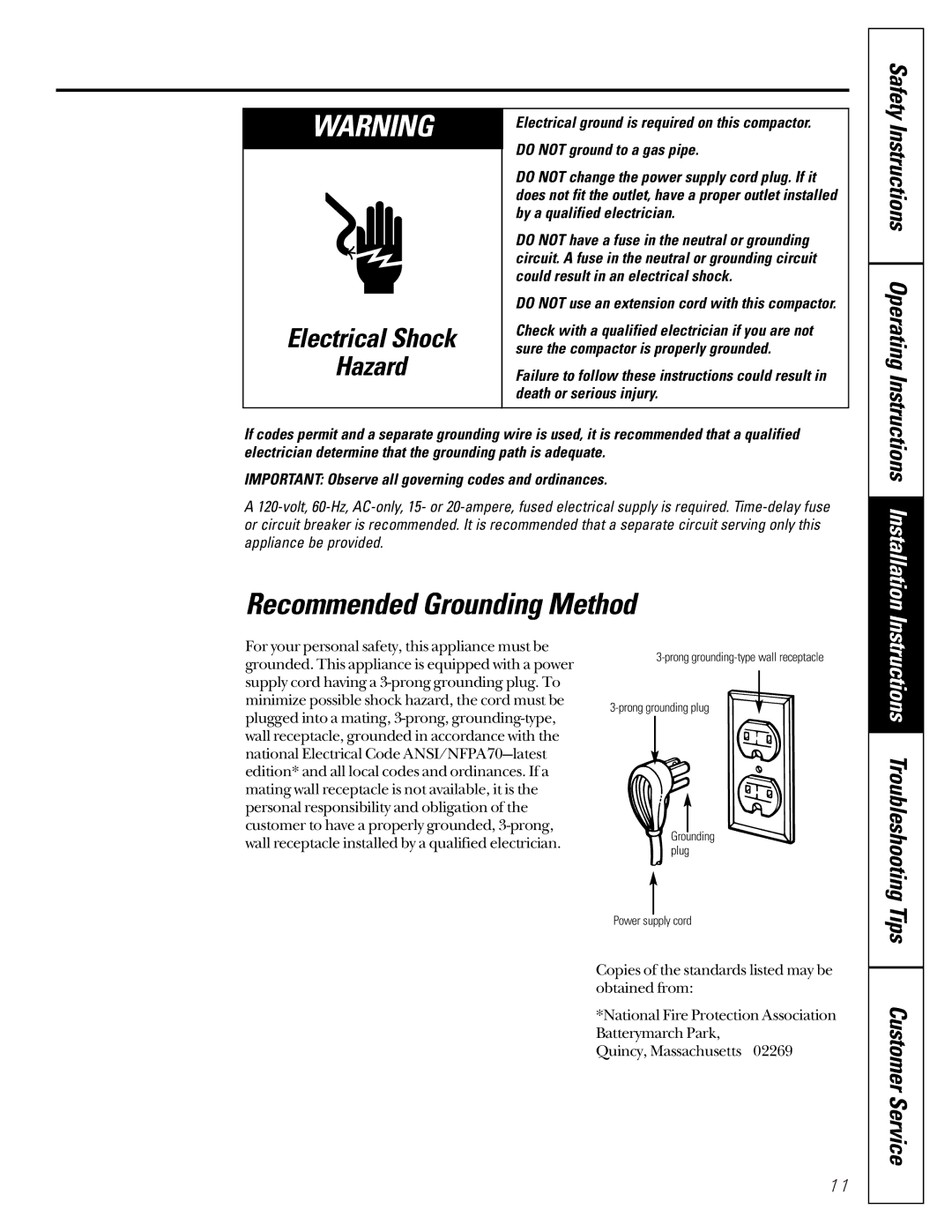 GE GCG1530, GCG1540, GCG1520, GCG1550 Recommended Grounding Method, Do not use an extension cord with this compactor 