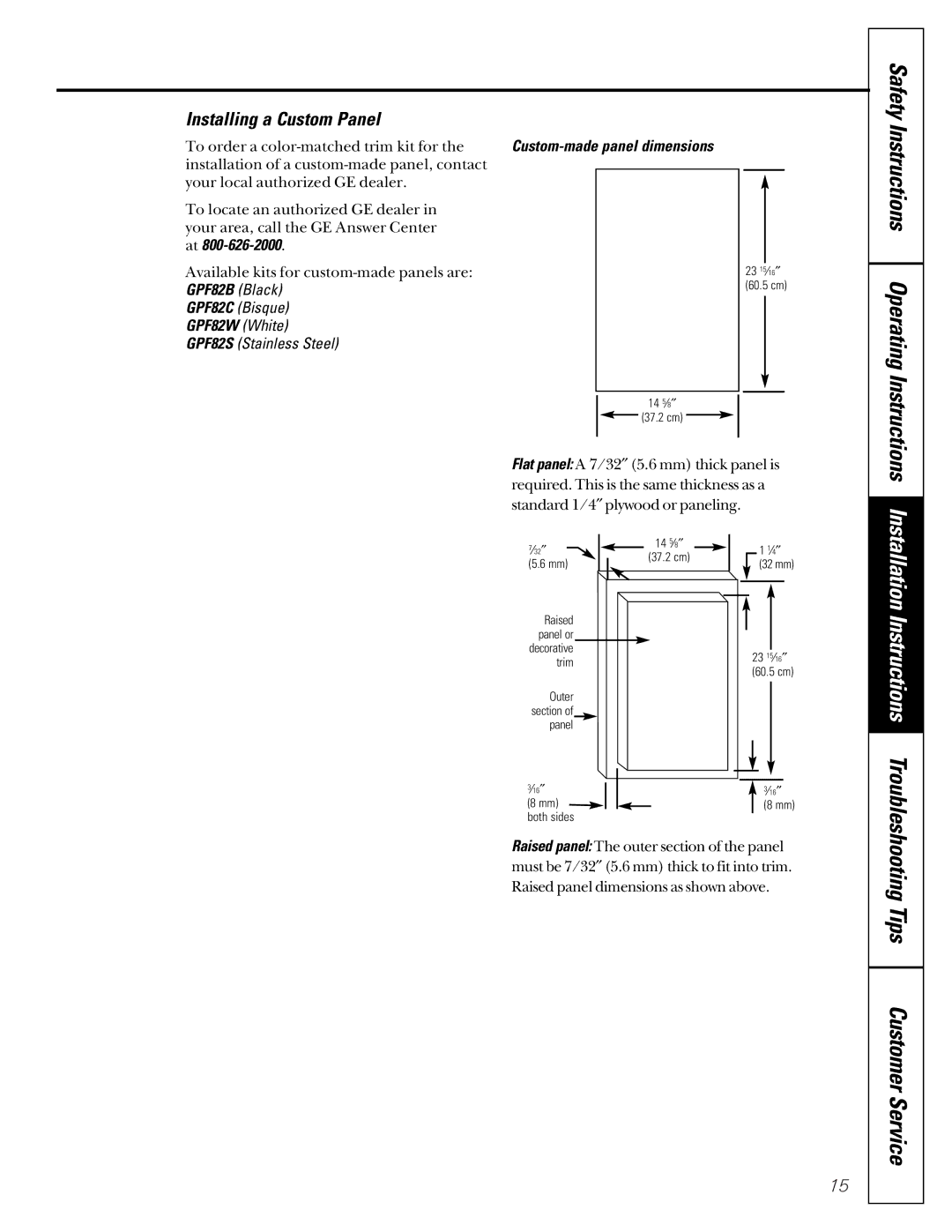 GE GCG1530, GCG1540, GCG1520, GCG1550 owner manual Instructions, Installing a Custom Panel, GPF82B Black, GPF82W White 