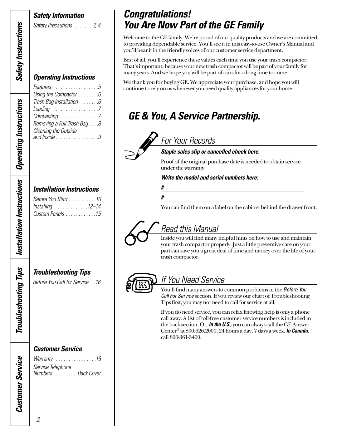 GE GCG1550, GCG1540 Congratulations You Are Now Part of the GE Family, GE & You, a Service Partnership, Customer Service 