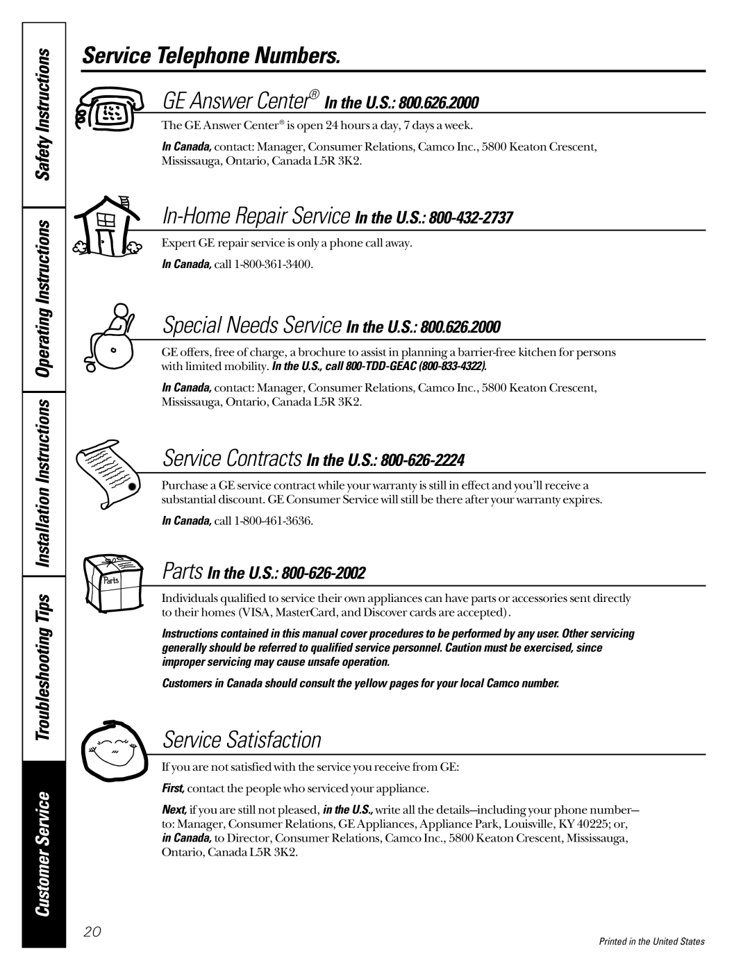 GE GCG1540, GCG1520, GCG1550, GCG1530 owner manual Service Telephone Numbers, GE Answer Center In the U.S 