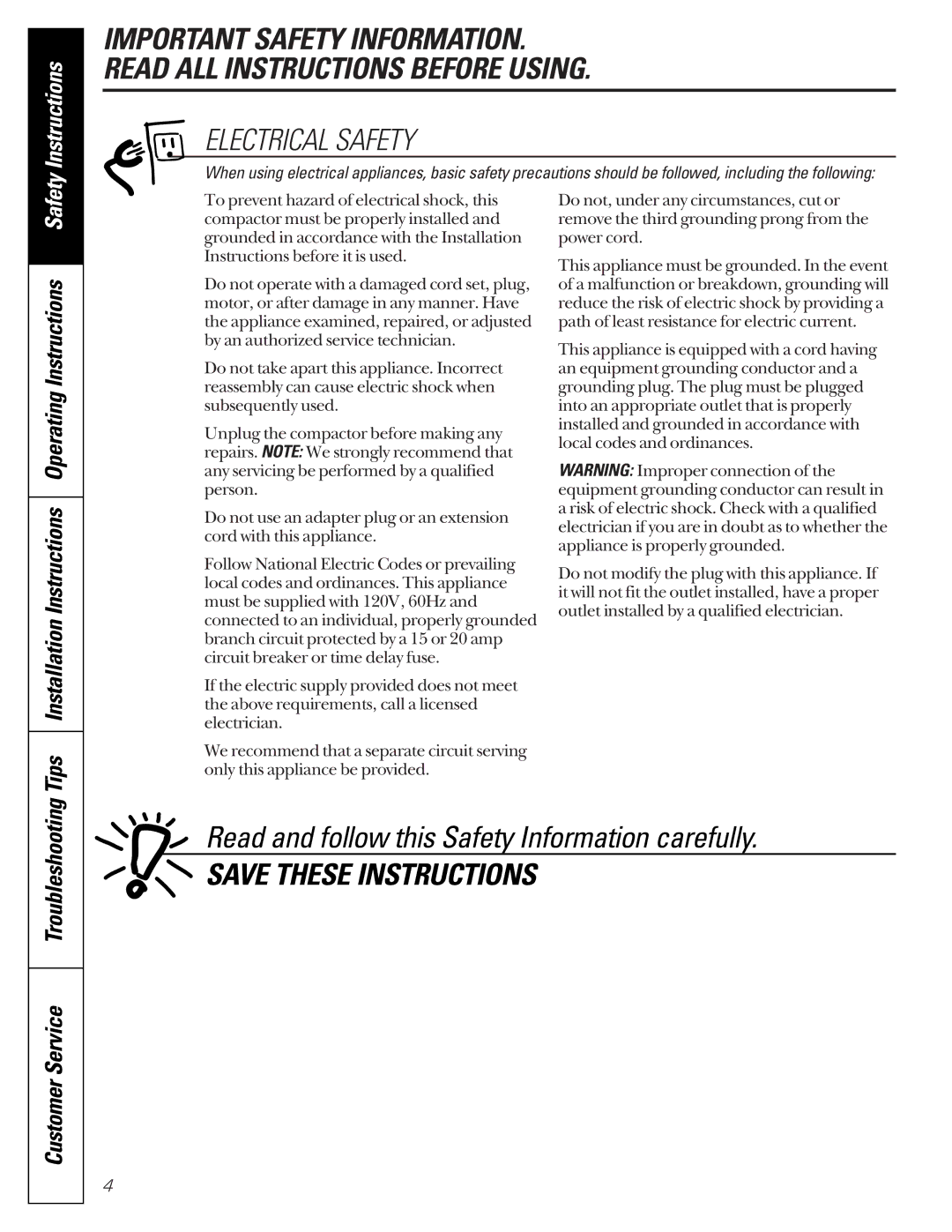 GE GCG1540, GCG1520, GCG1550, GCG1530 owner manual Electrical Safety 