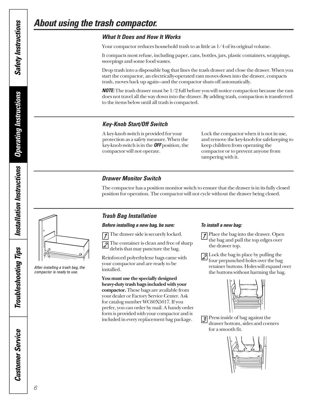 GE GCG1550, GCG1540, GCG1520 About using the trash compactor, Instructions Operating Instructions Safety Instructions 