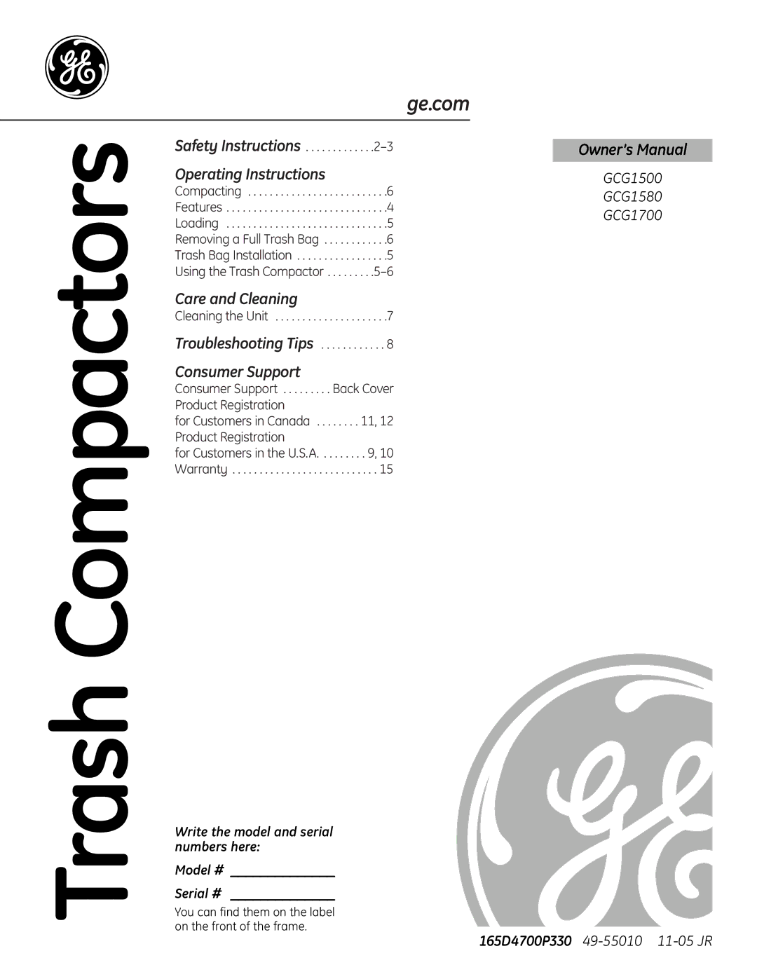 GE GCG1500, GCG1700, GCG1580 owner manual Trash Compactors, Model # Serial # 