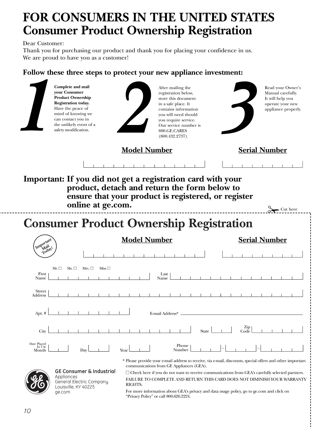 GE GCG1500, GCG1700, GCG1580 owner manual Consumer Product Ownership Registration 