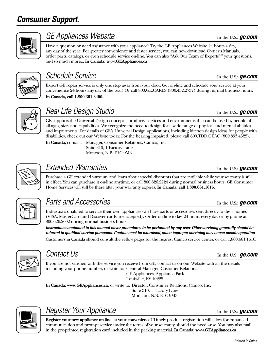 GE GCG1500, GCG1700, GCG1580 owner manual Consumer Support, Schedule Service 