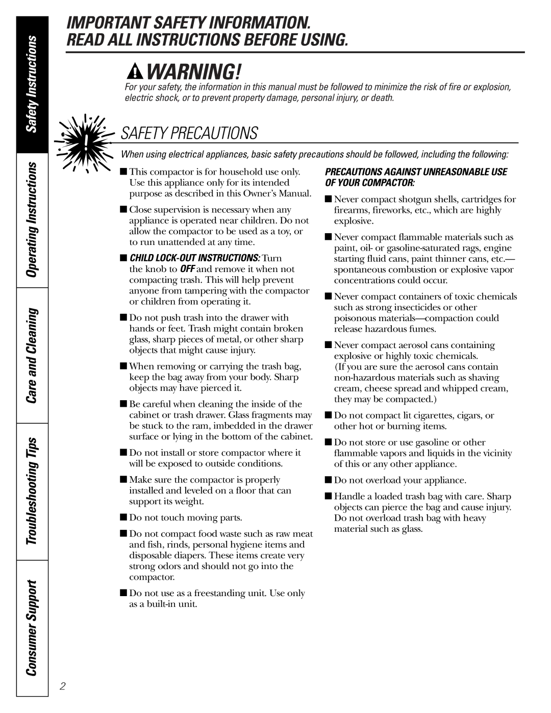 GE GCG1580, GCG1700, GCG1500 owner manual Safety Precautions 