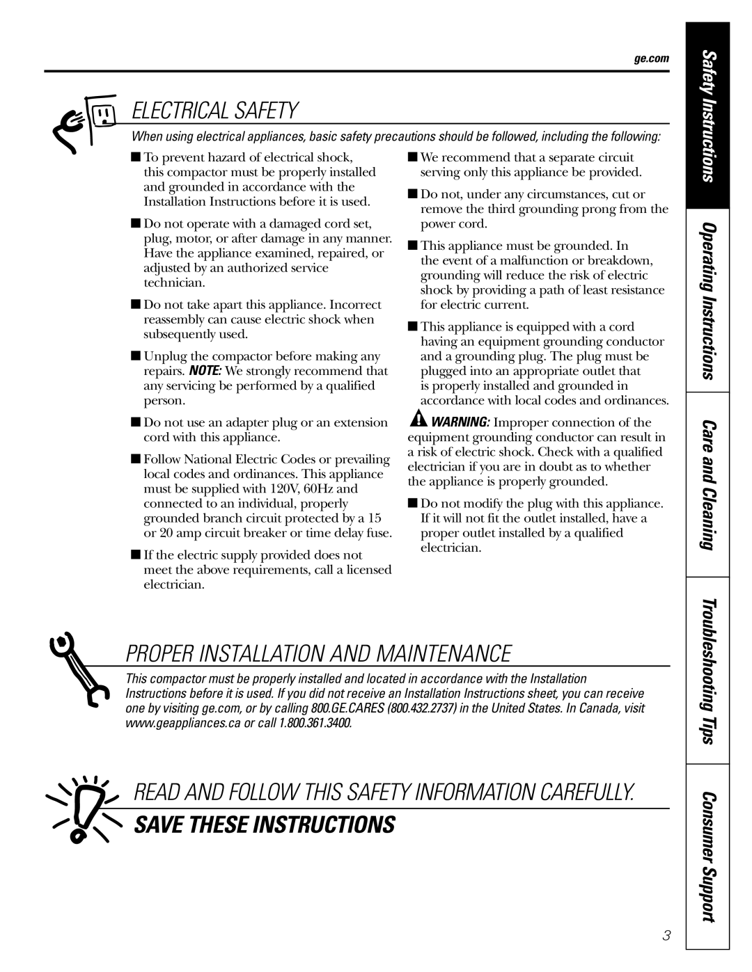 GE GCG1700, GCG1500, GCG1580 owner manual Electrical Safety, Ge.com 