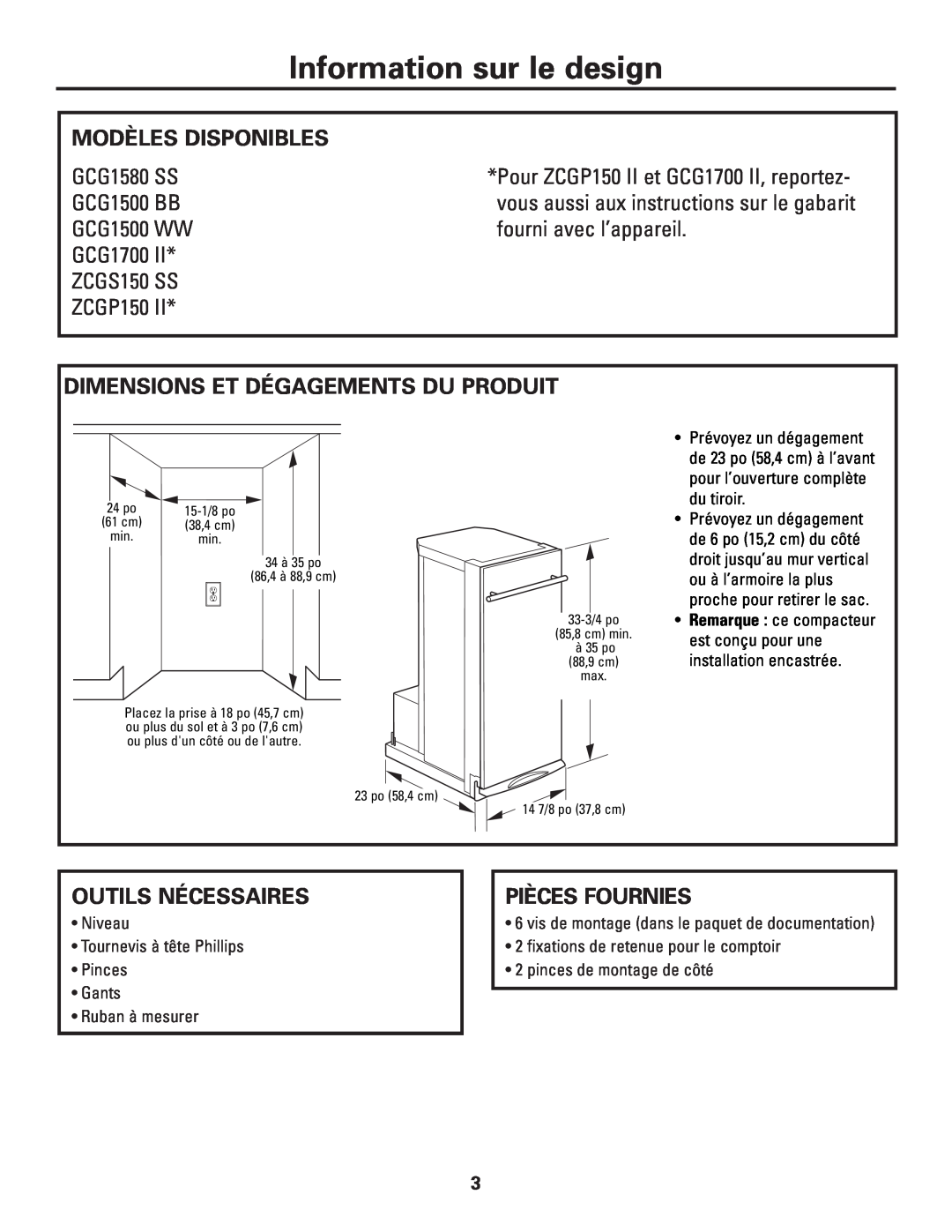GE ZCGS150 SS Information sur le design, Modèles Disponibles, vous aussi aux instructions sur le gabarit, Pièces Fournies 