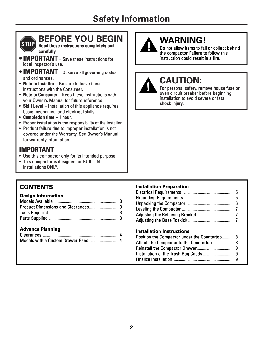 GE GCG1500 WW, GCG1700 II Safety Information, Before You Begin, Contents, Read these instructions completely and carefully 