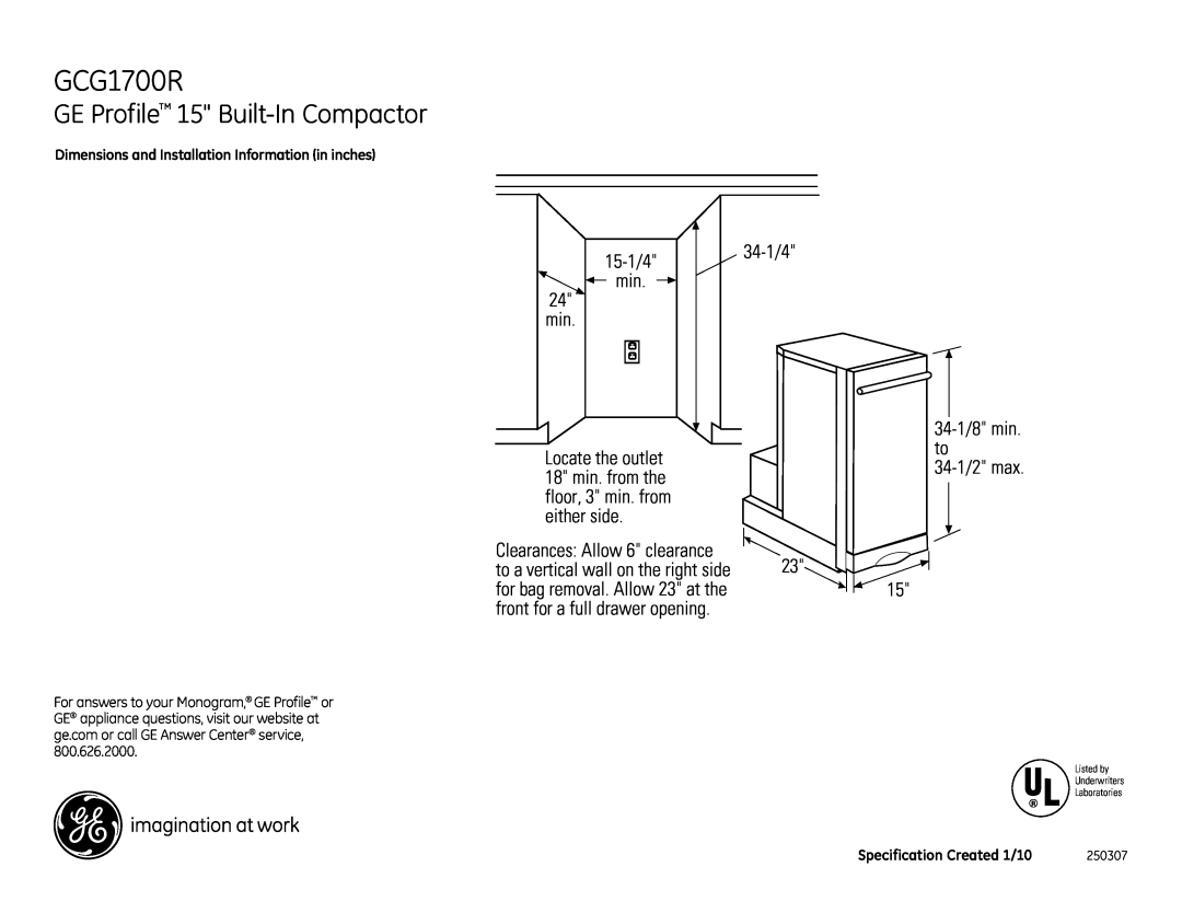 GE GCG1700RII dimensions GE Profile 15 Built-InCompactor, 15-1/4 min. min, 34-1/4 34-1/8min. to 34-1/2max, 250307 