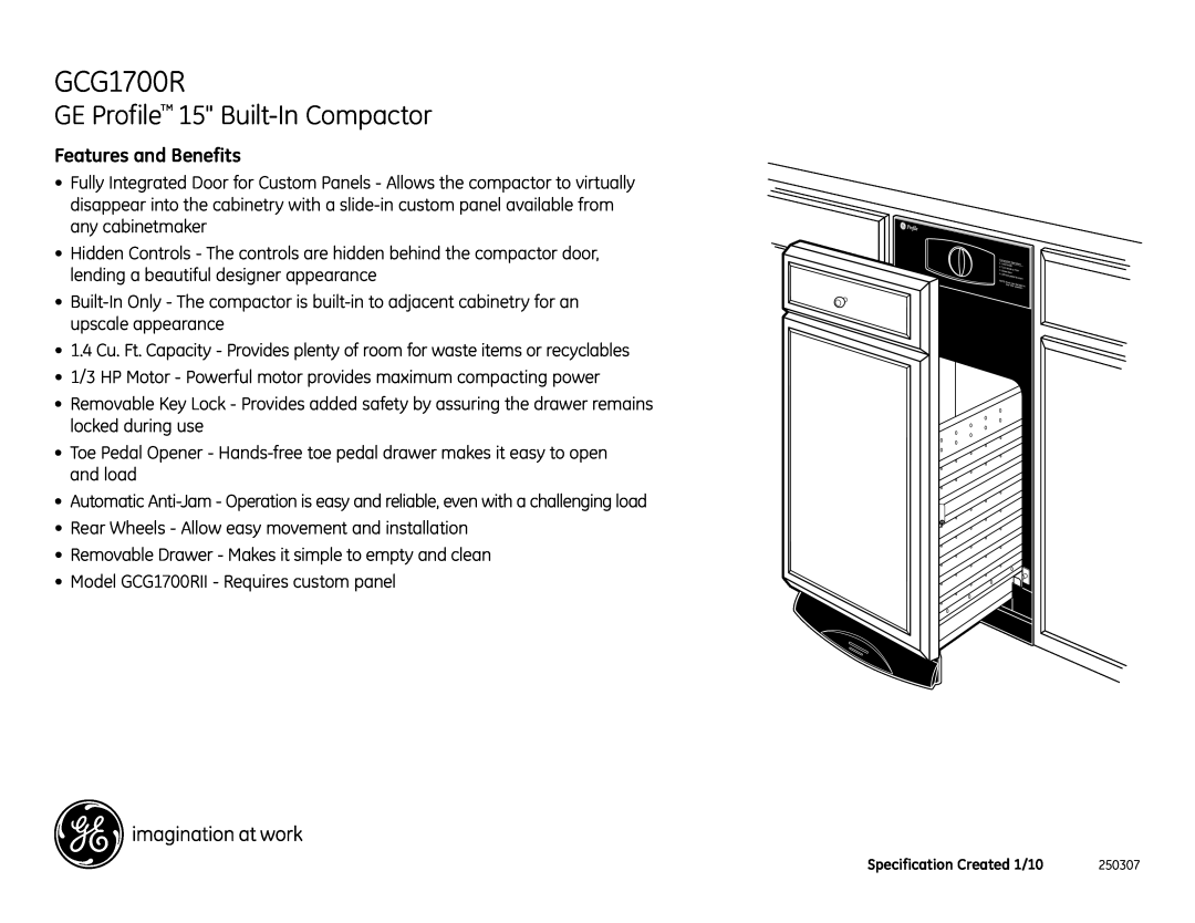 GE GCG1700LII, GCG1700RII dimensions GE Profile 15 Built-InCompactor, Features and Benefits 