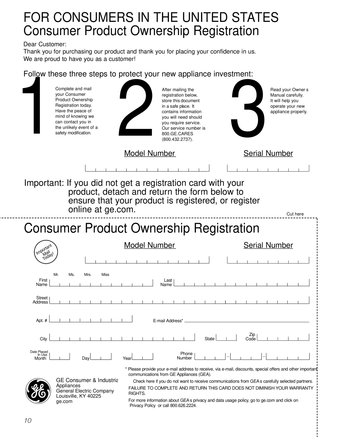 GE GCGI580, GCGI700, GCGI500 owner manual Consumer Product Ownership Registration 