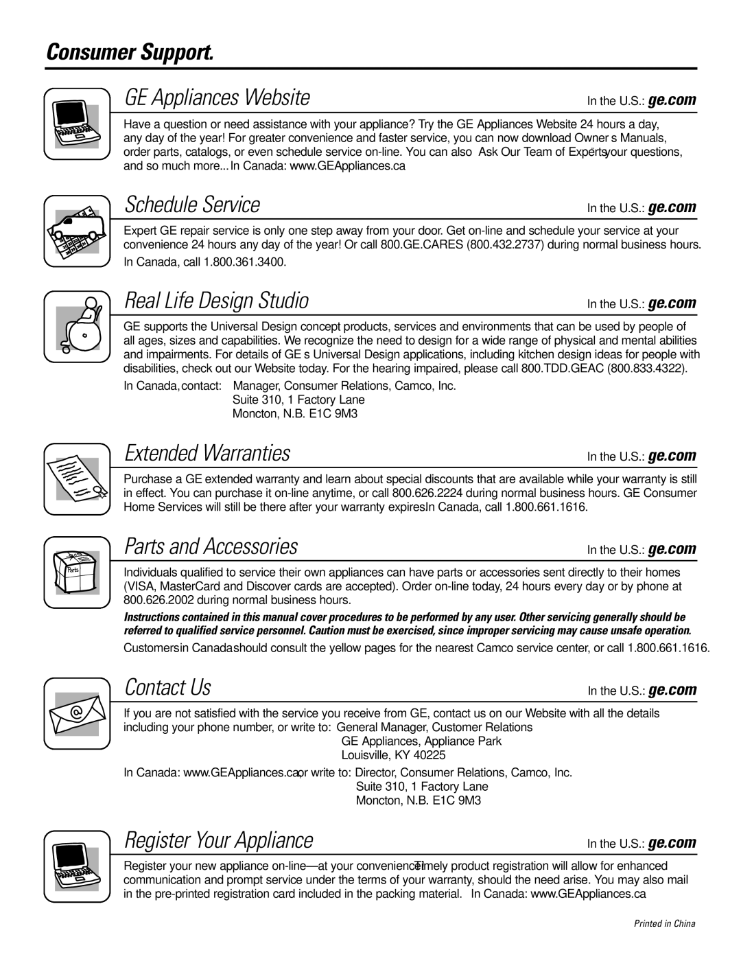 GE GCGI580, GCGI700, GCGI500 owner manual Consumer Support, Schedule Service 