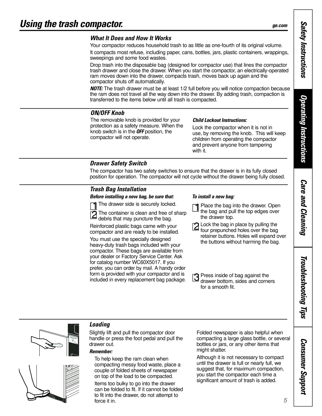 GE GCGI500, GCGI700, GCGI580 owner manual Using the trash compactor 