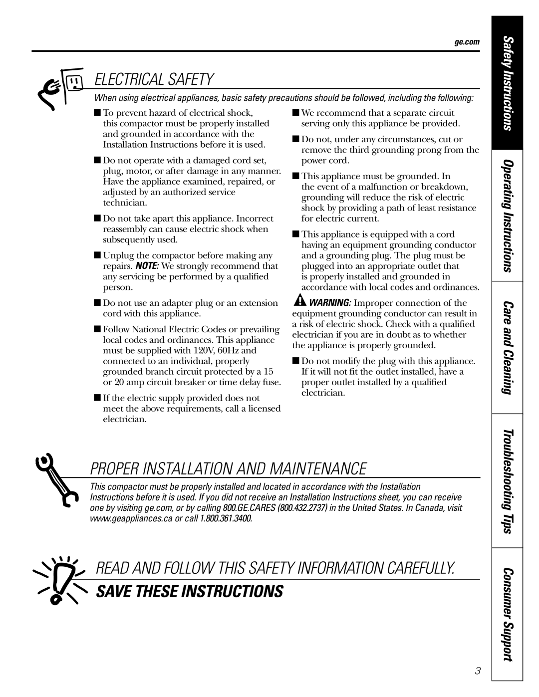 GE GCGI700, GCGI580, GCGI500 owner manual Electrical Safety, Proper Installation And Maintenance, Save These Instructions 