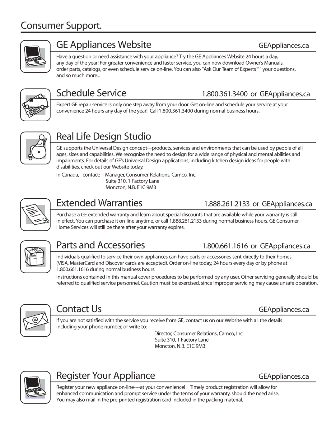 GE GCRH410 owner manual Consumer Support GE Appliances Website 