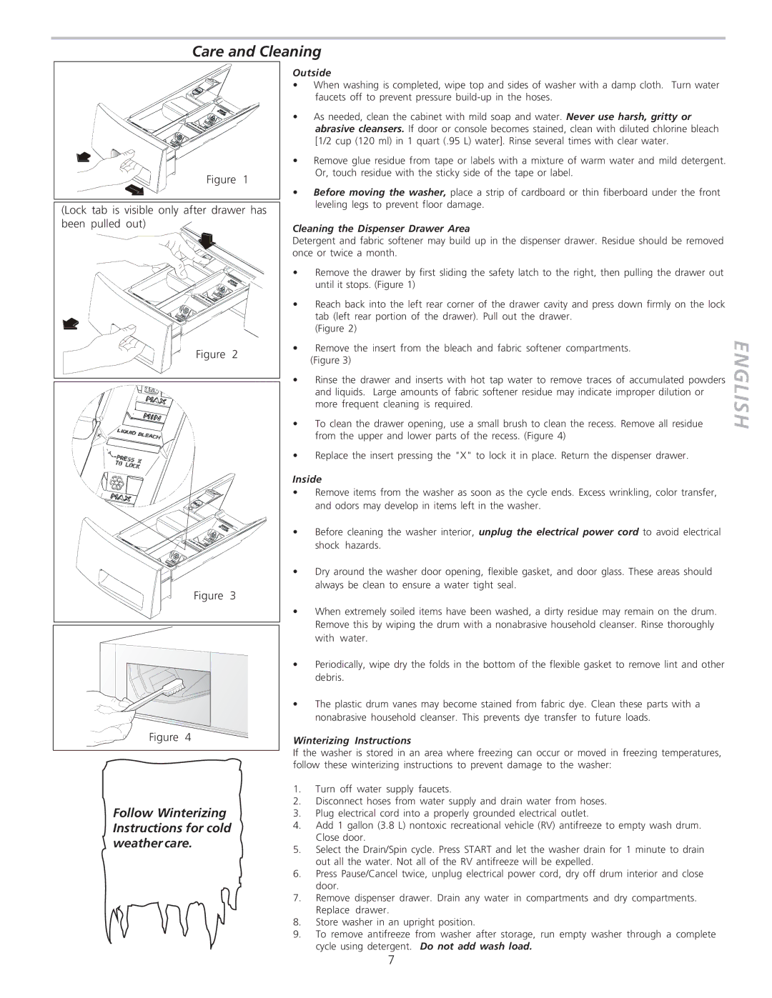 GE GCRH410 owner manual Care and Cleaning, Outside, Cleaning the Dispenser Drawer Area, Inside, Winterizing Instructions 