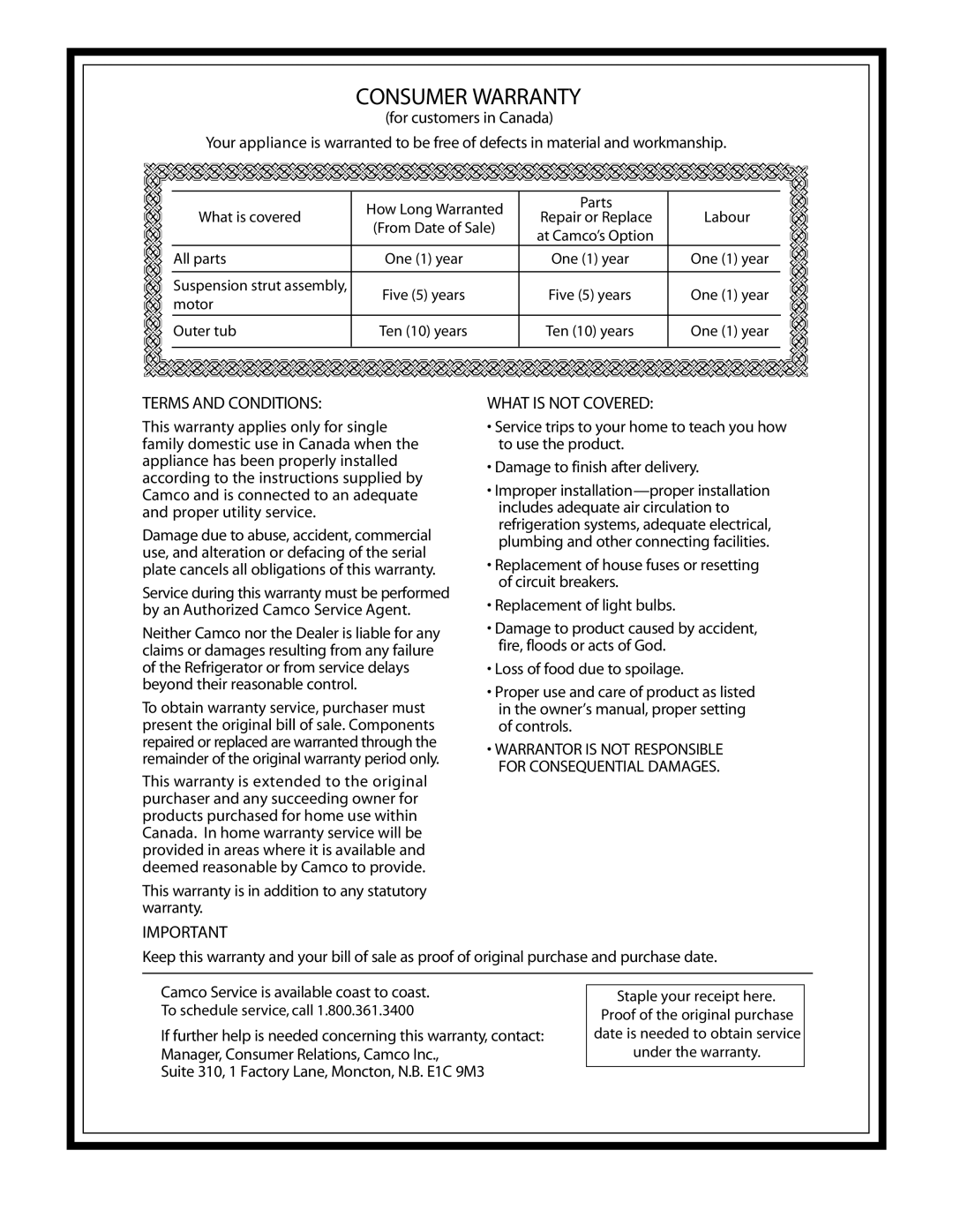 GE GCRH410 owner manual Consumer Warranty 