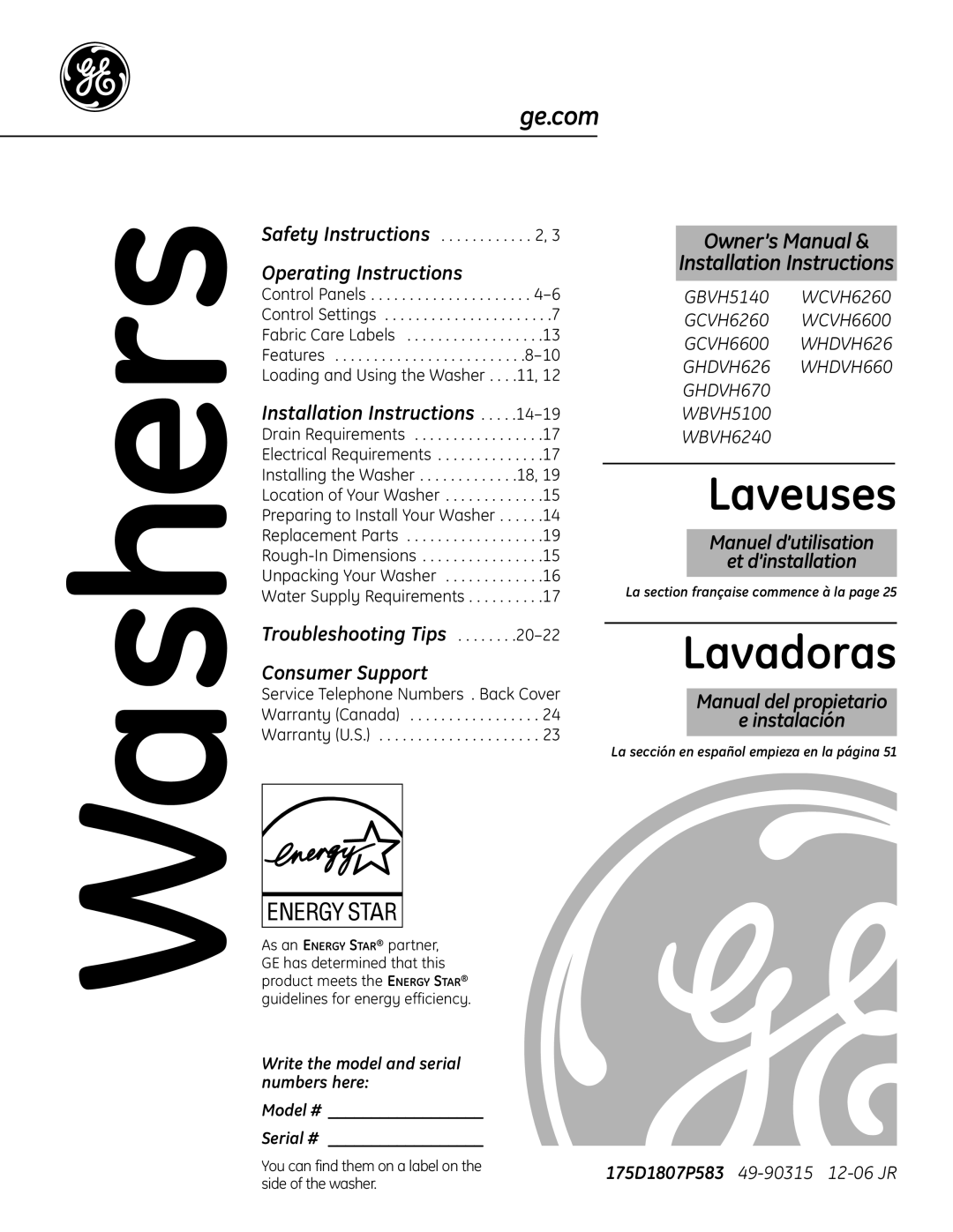 GE WBVH5100, GCVH6600, GHDVH626 operating instructions Operating Instructions, Troubleshooting Tips Consumer Support 