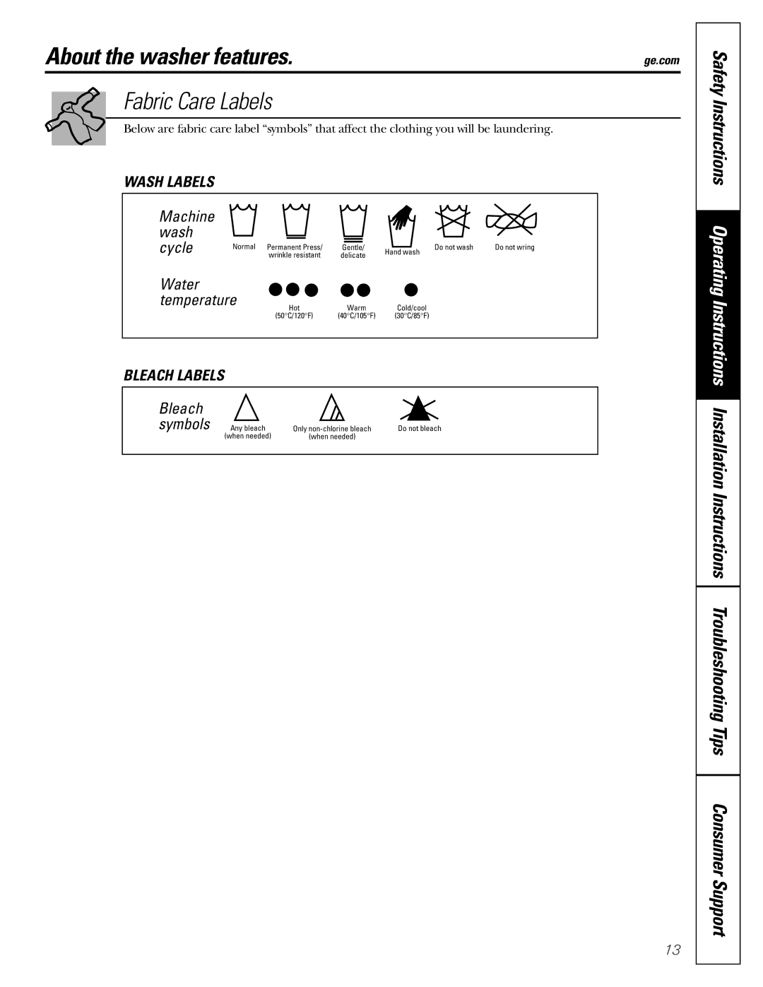 GE GHDVH670, GCVH6600, WBVH5100, GHDVH626, GBVH5140 operating instructions About the washer features, Fabric Care Labels 