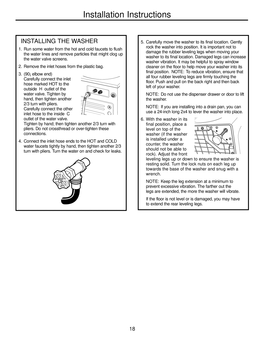 GE GHDVH670, GCVH6600, WBVH5100, GHDVH626, GBVH5140 operating instructions Installing the Washer 