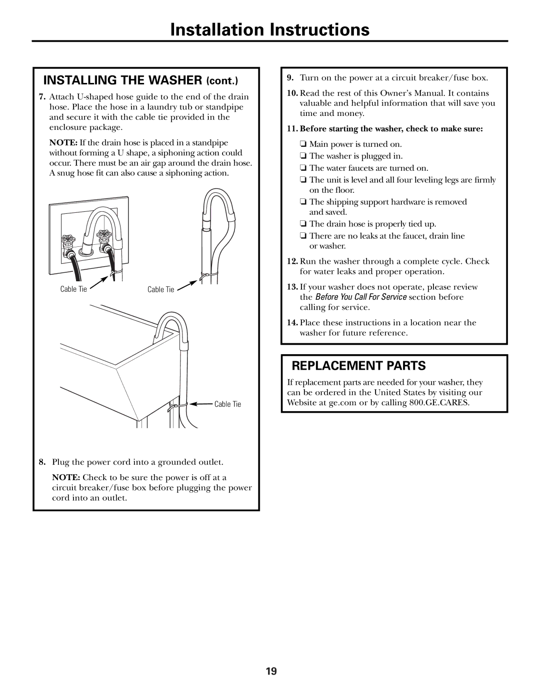 GE GBVH5140, GCVH6600, WBVH5100, GHDVH626, GHDVH670 Replacement Parts, Before starting the washer, check to make sure 