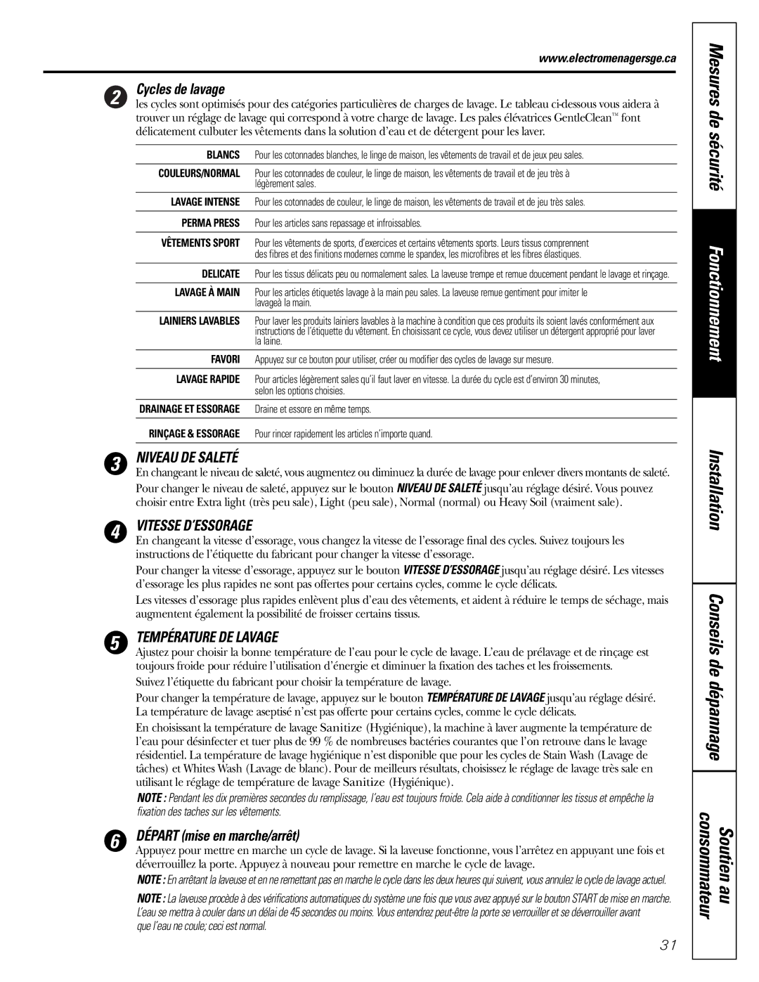 GE WBVH5100 Installation Conseils de dépannage Consommateur Soutien au, Cycles de lavage, Départ mise en marche/arrêt 