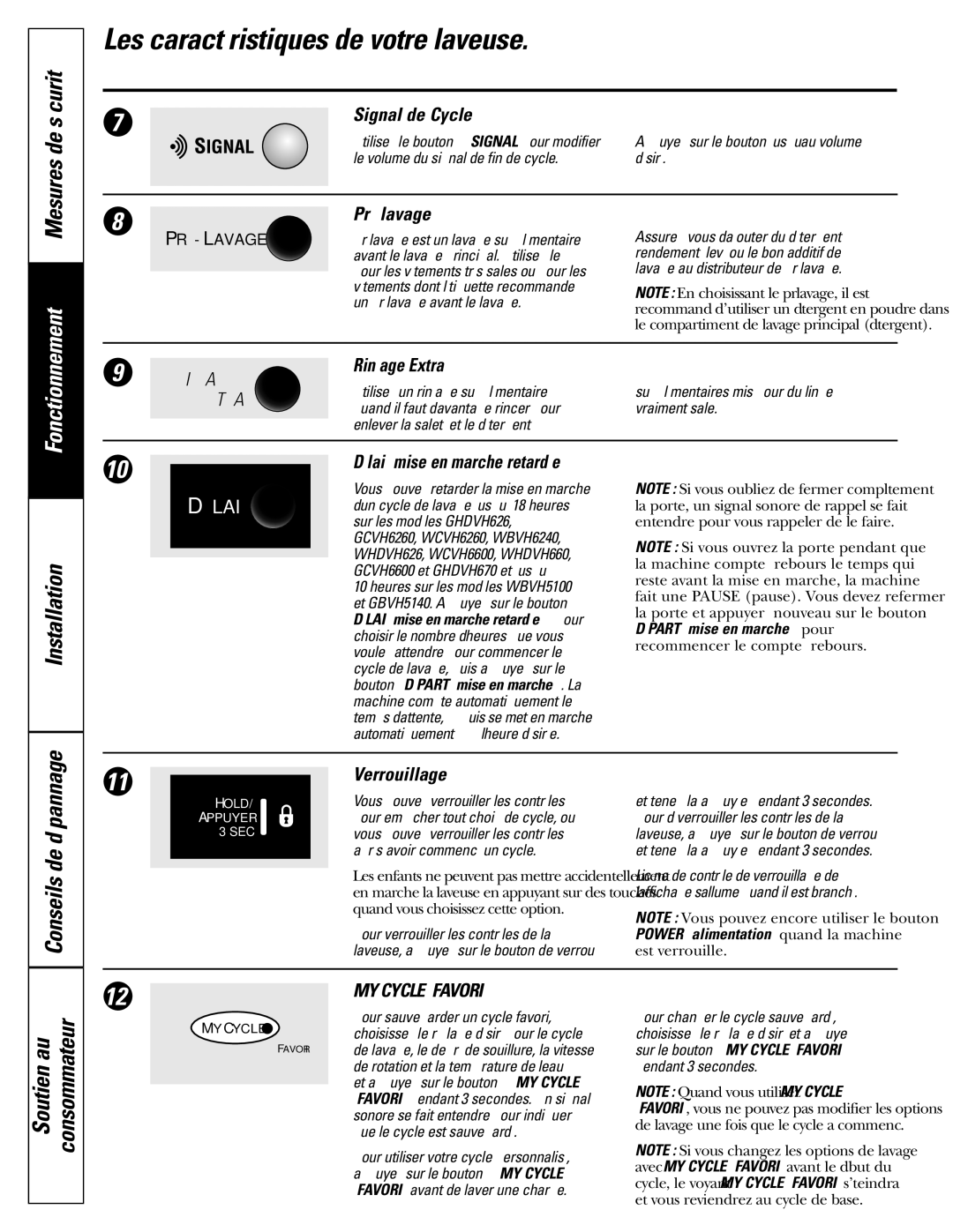 GE GHDVH626 Les caractéristiques de votre laveuse, Installation Conseils de dépannage, Signal de Cycle, Rinçage Extra 