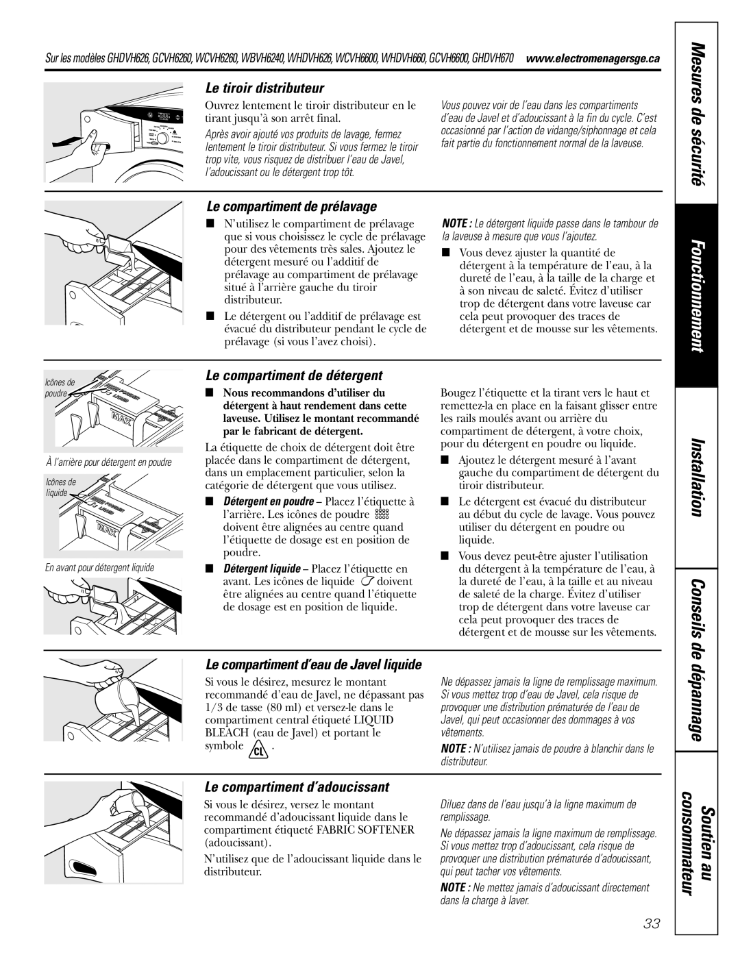 GE GHDVH670, GCVH6600 Le tiroir distributeur, Le compartiment de prélavage, Le compartiment de détergent, Conseils de 