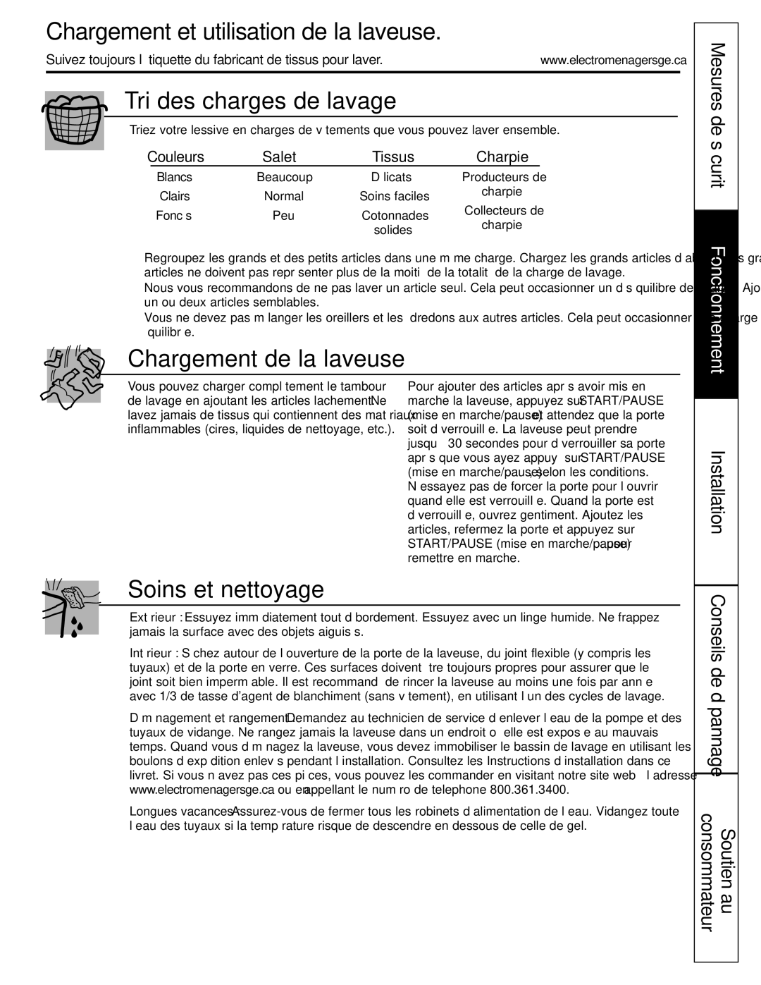 GE GCVH6600, WBVH5100 Chargement et utilisation de la laveuse, Tri des charges de lavage, Chargement de la laveuse 