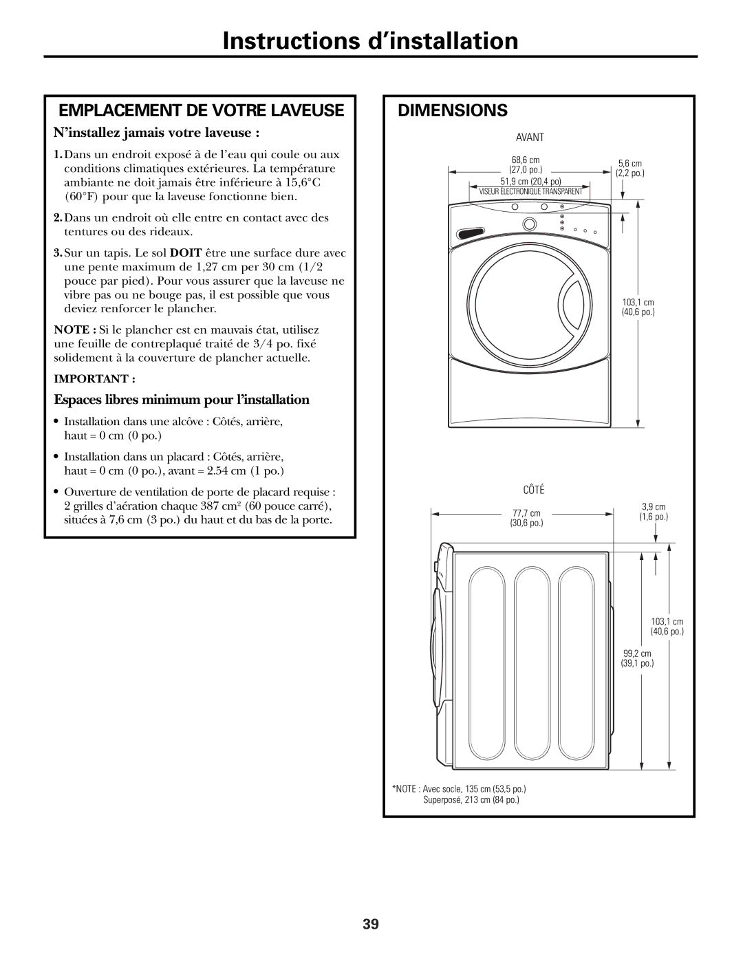 GE GBVH5140, GCVH6600, WBVH5100, GHDVH626, GHDVH670 operating instructions Emplacement DE Votre Laveuse, Dimensions 