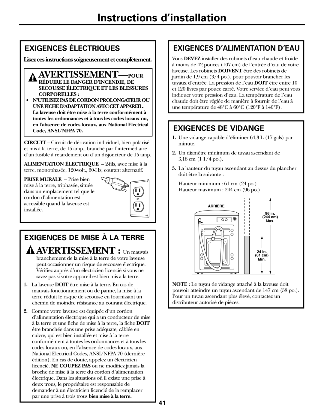 GE WBVH5100 Exigences Électriques, Exigences DE Mise À LA Terre, Exigences D’ALIMENTATION D’EAU, Exigences DE Vidange 