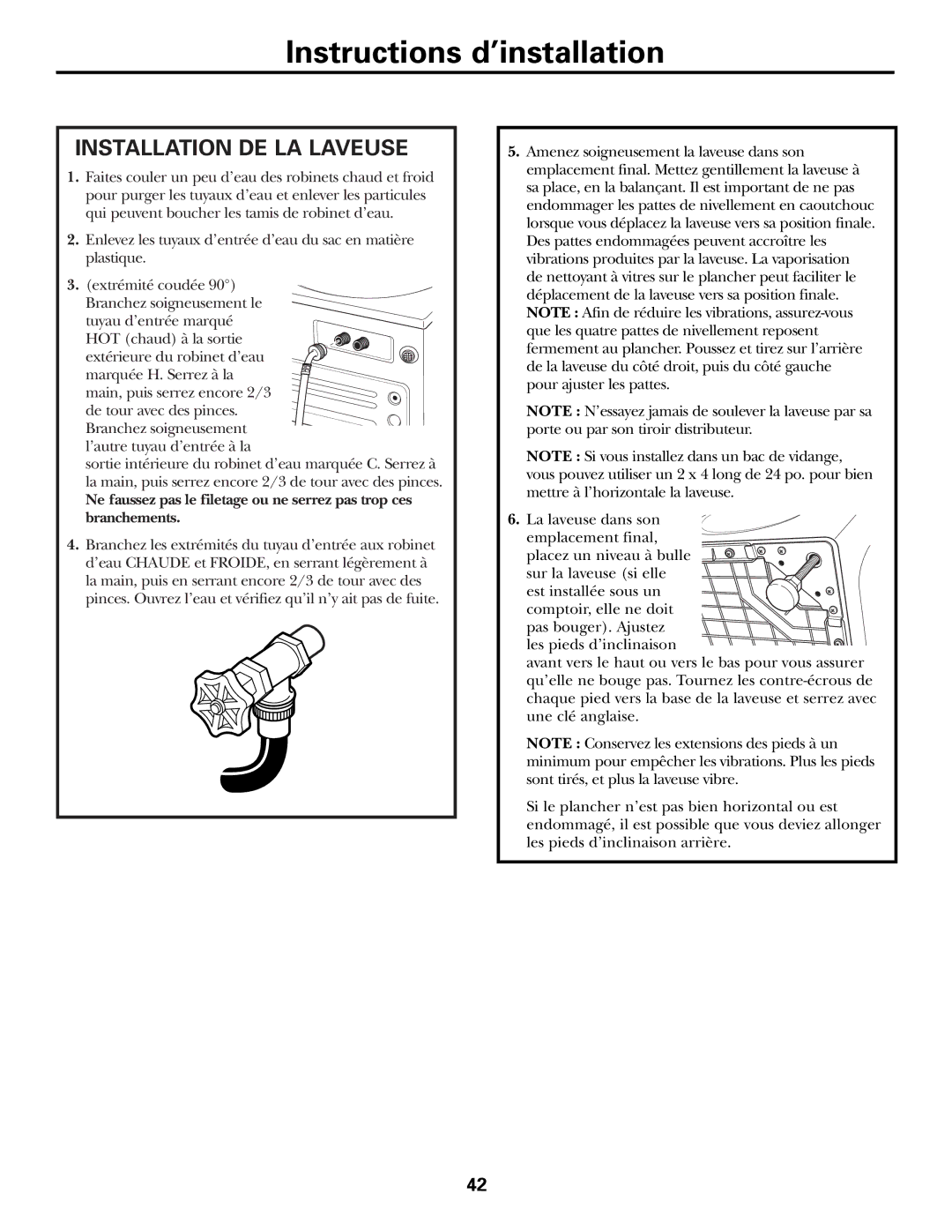 GE GHDVH626, GCVH6600, WBVH5100, GHDVH670, GBVH5140 operating instructions Installation DE LA Laveuse 