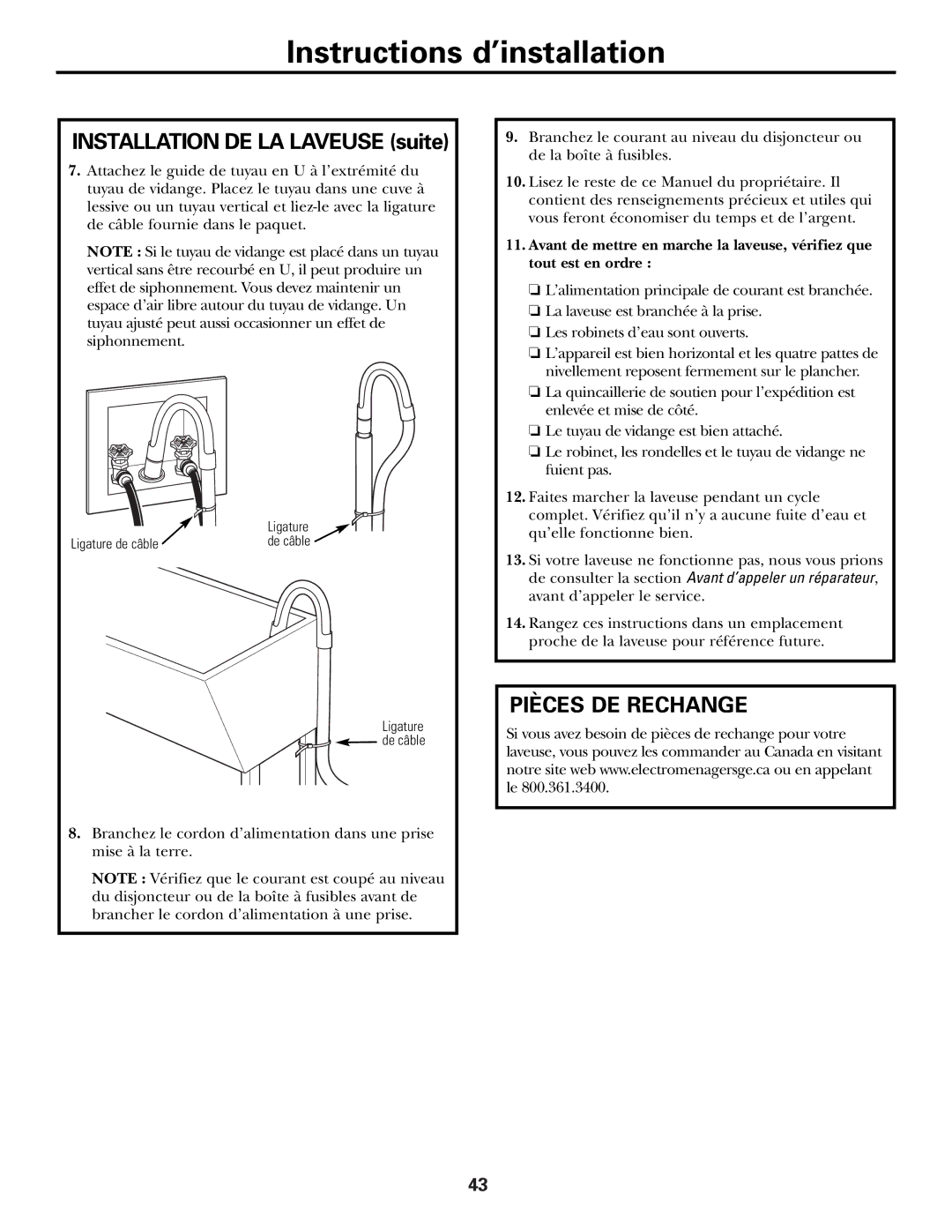 GE GHDVH670, GCVH6600, WBVH5100, GHDVH626, GBVH5140 operating instructions Installation DE LA Laveuse suite, Pièces DE Rechange 