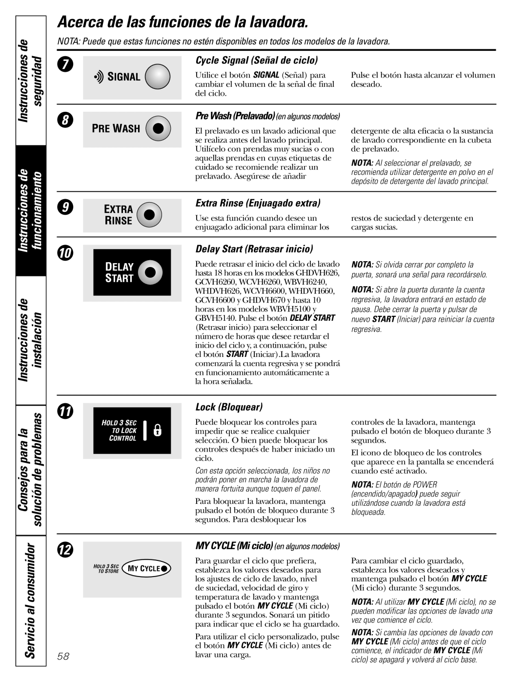 GE GHDVH670 Instrucciones de Instalación, Servicio al consumidor, Cycle Signal Señal de ciclo, Extra Rinse Enjuagado extra 