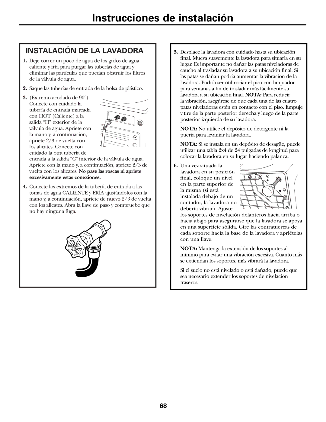 GE GHDVH670, GCVH6600, WBVH5100, GHDVH626, GBVH5140 operating instructions Instalación DE LA Lavadora 