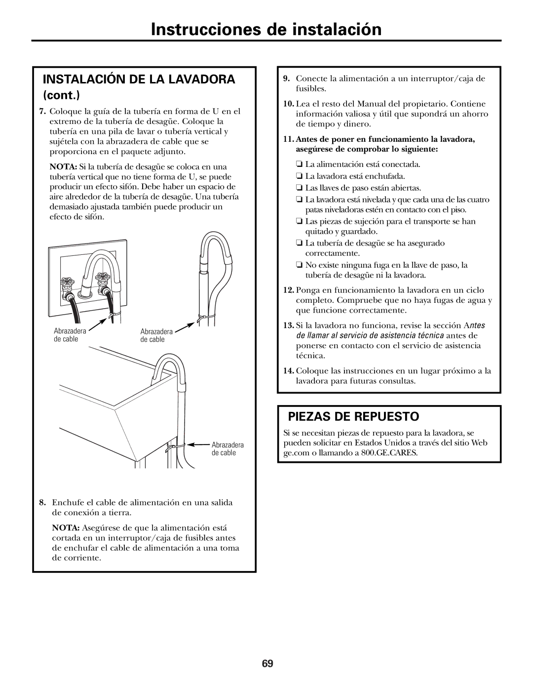 GE GBVH5140, GCVH6600, WBVH5100, GHDVH626, GHDVH670 operating instructions Instalación DE LA Lavadora, Piezas DE Repuesto 