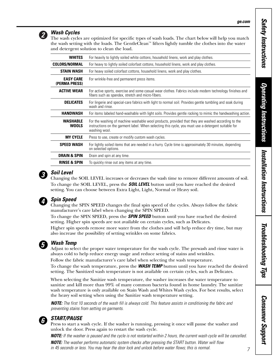 GE GHDVH626, GCVH6600, WBVH5100, GHDVH670, GBVH5140 operating instructions Wash Cycles, Soil Level, Spin Speed, Wash Temp 