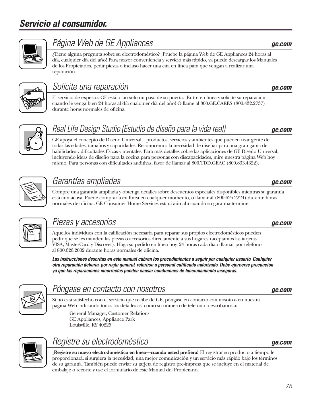 GE GCVH6600, WBVH5100 Servicio al consumidor Página Web de GE Appliances, Solicite una reparación, Garantías ampliadas 