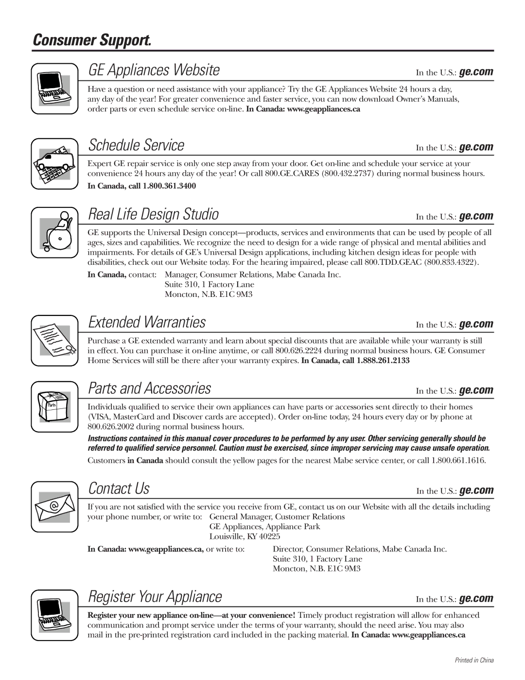 GE WBVH5100, GCVH6600, GHDVH626, GHDVH670, GBVH5140 operating instructions Consumer Support 