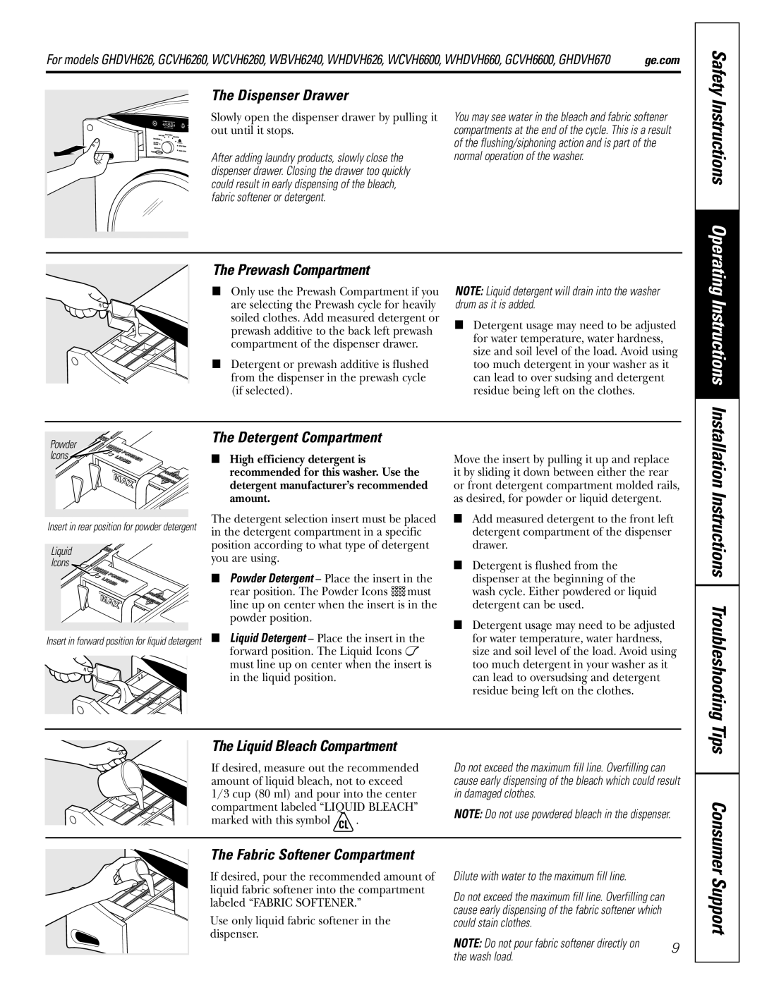 GE GBVH5140, GCVH6600, WBVH5100, GHDVH626, GHDVH670 operating instructions Support, Instructions Operating 