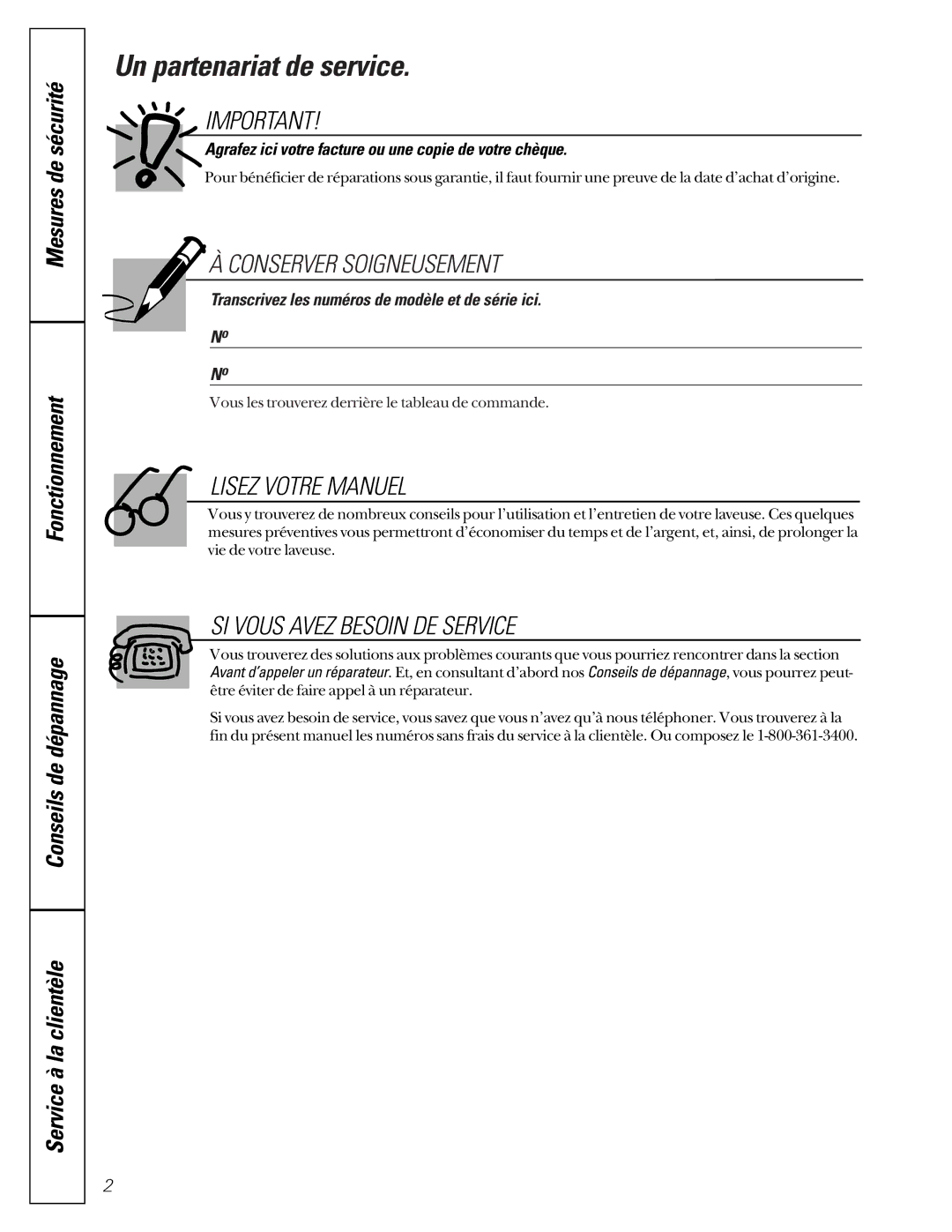 GE GJSR2130, GCXR2100, GKSR2100, GUSR2130 Un partenariat de service, Agrafez ici votre facture ou une copie de votre chèque 