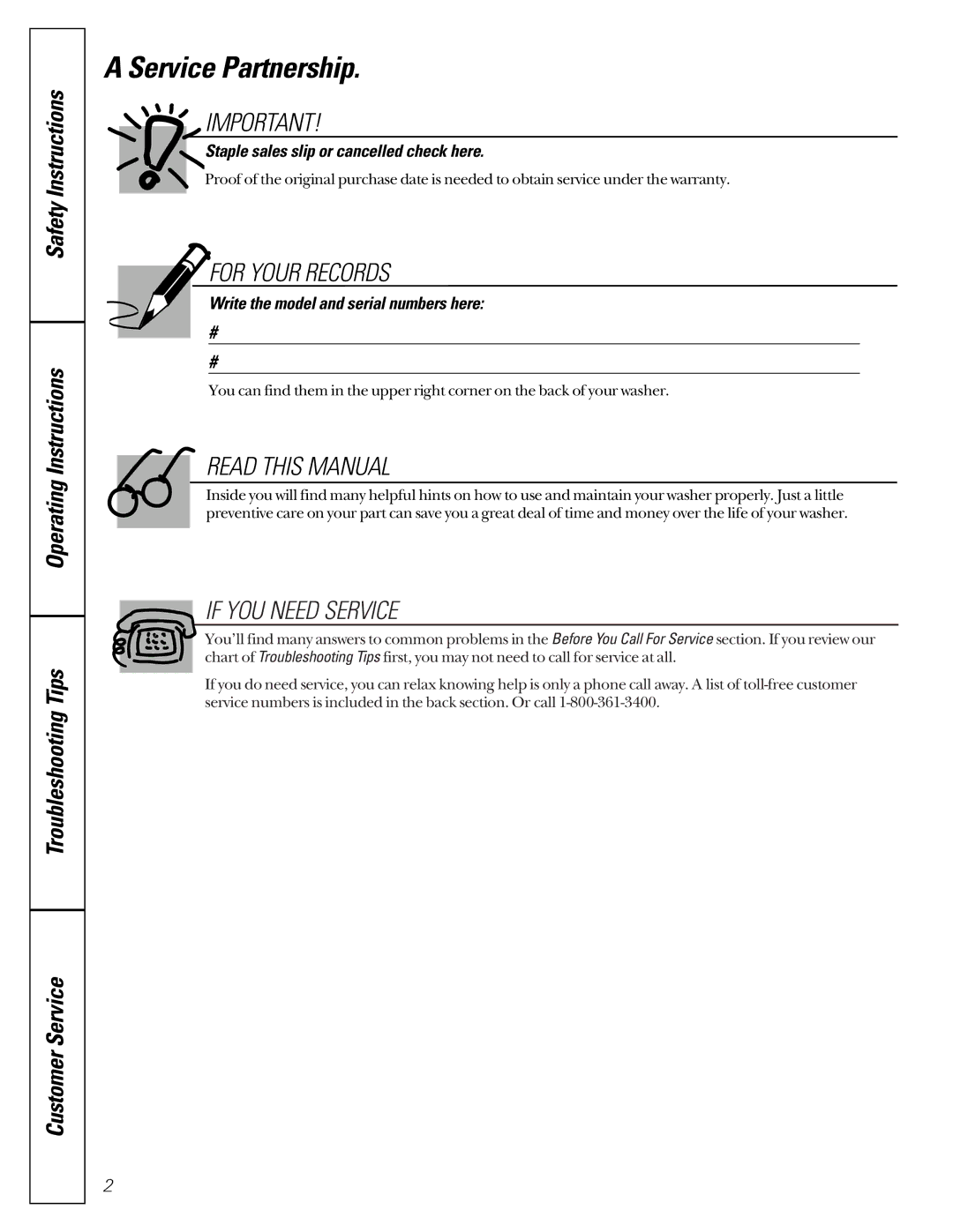 GE GUSR2130, GCXR2100, GKSR2100, GJXR2130, GJSR2130, GBXR1080, GBSR1080 owner manual Service Partnership, For Your Records 