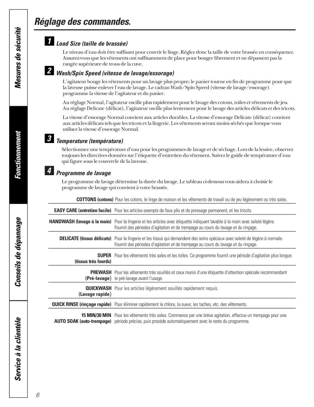 GE GKSR2100, GCXR2100 Réglage des commandes, Load Size taille de brassée, Wash/Spin Speed vitesse de lavage/essorage 
